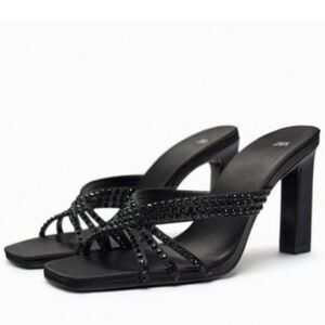 Zara Black High Heels Rhinestone Party Holiday Sandals Shoes Size 8